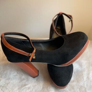 Black and Brown Suede Block Heel Pumps with Ankle Strap